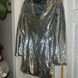 bebe Silver Sequin Long Sleeve Dress
